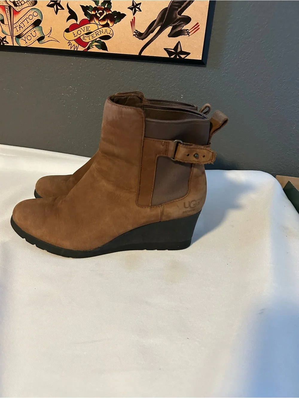 UGG Tan Suede Wedge Ankle Boots with Side Buckle